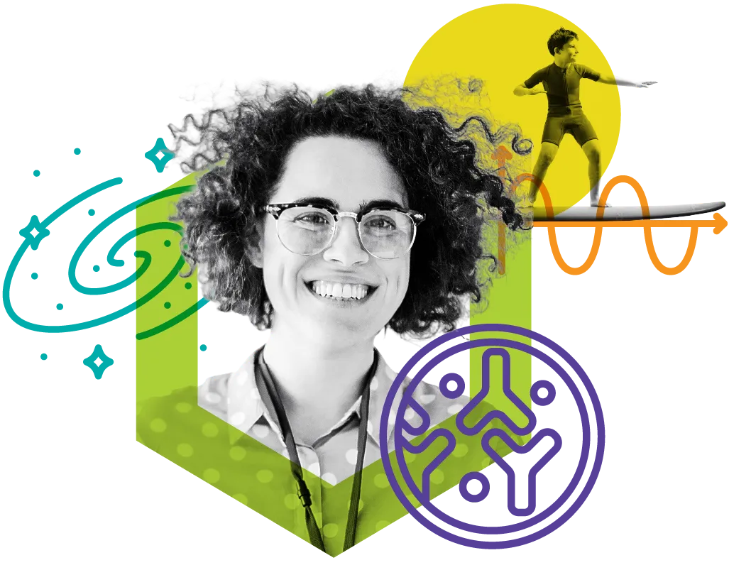 Female educator wearing glasses and a child riding a surf board, overlaid with scientific illustrations of a galaxy, microbiology and a wave